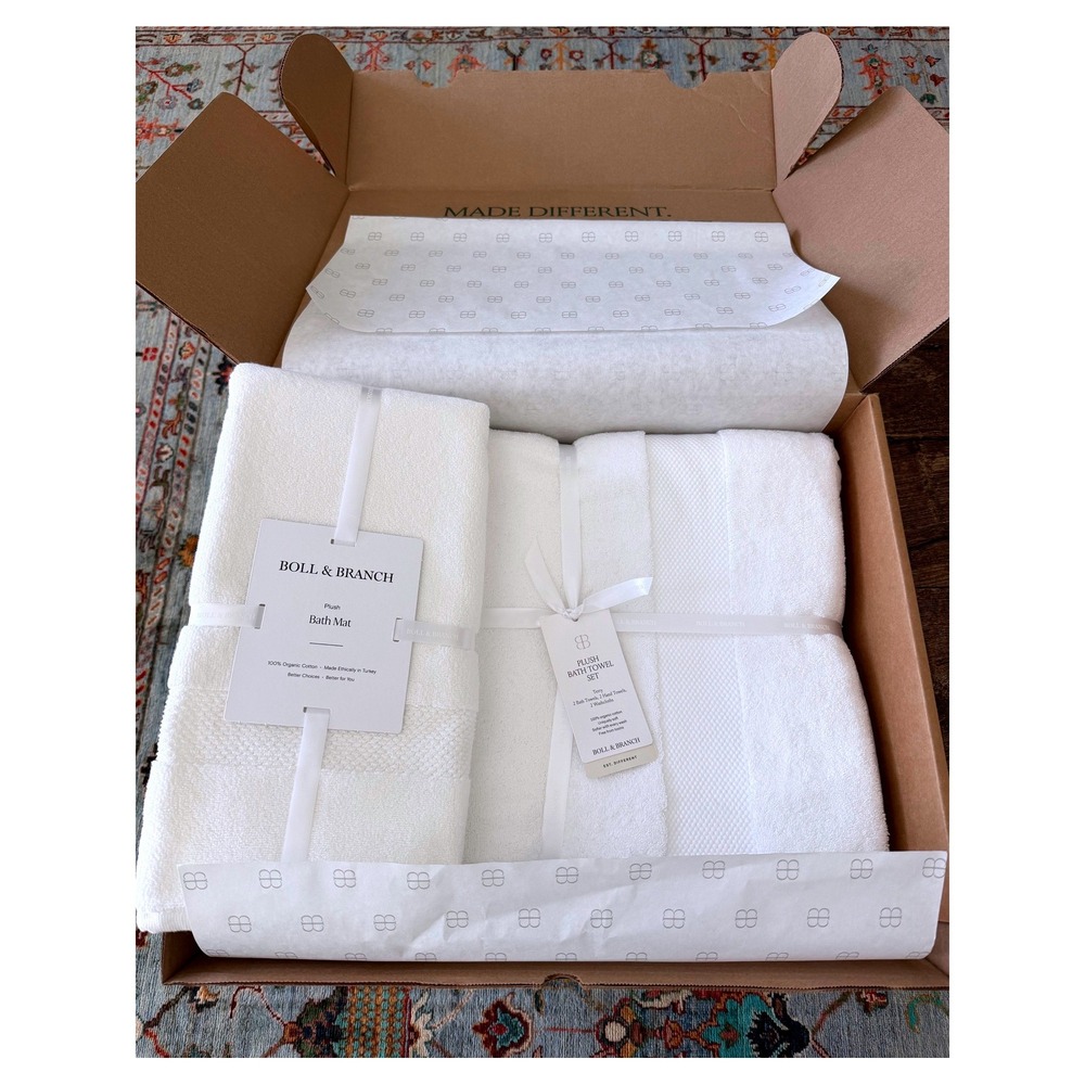 NWT Boll & Branch Plush Towel Set + Plush Bath Mat White Organic Luxurious Gift